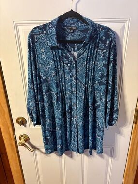 Roz & Ali 1X Teal Paisley Blouse Button Front 3/4 Sleeve Plus Size 1X